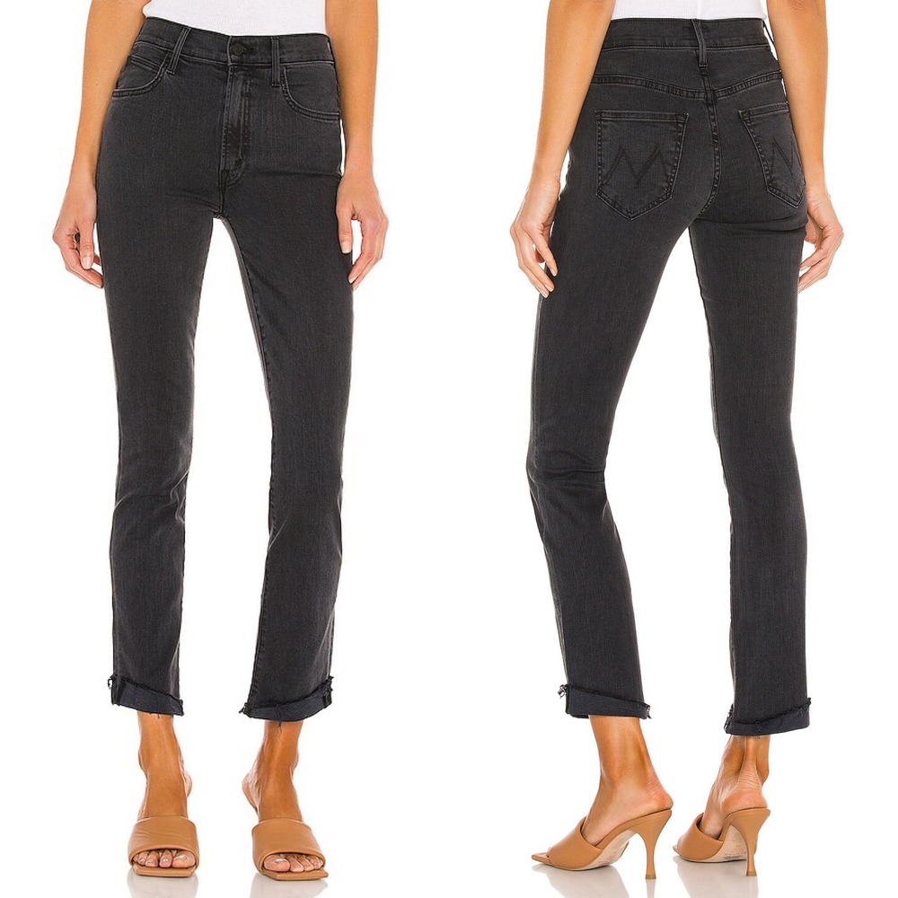 Mother High Waisted Washed Black Jeans Rascal Ankle Slit Flip Denim Minimalist